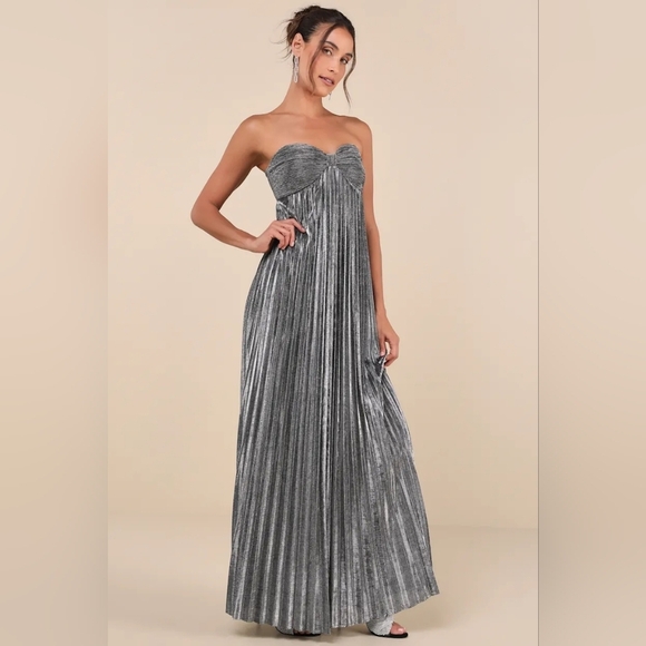 Lulus Glittering Luxury Silver Lurex Pleated Strapless Maxi Dress Wedding Prom - Picture 3 of 9